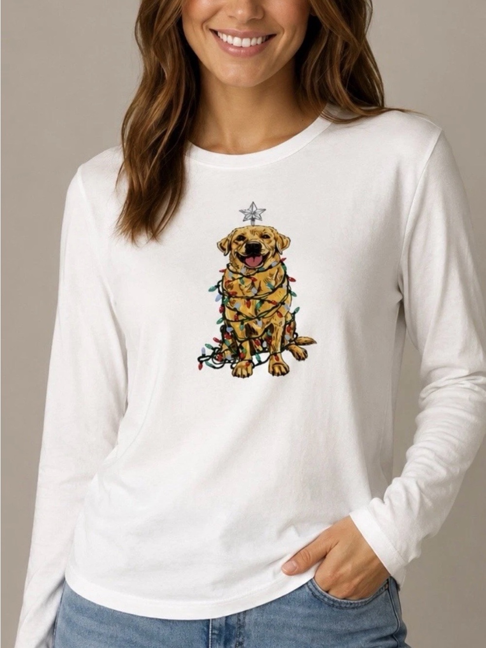 J. Crew White Long Sleeve Collectors Tee Golden Ret Christmas Lights